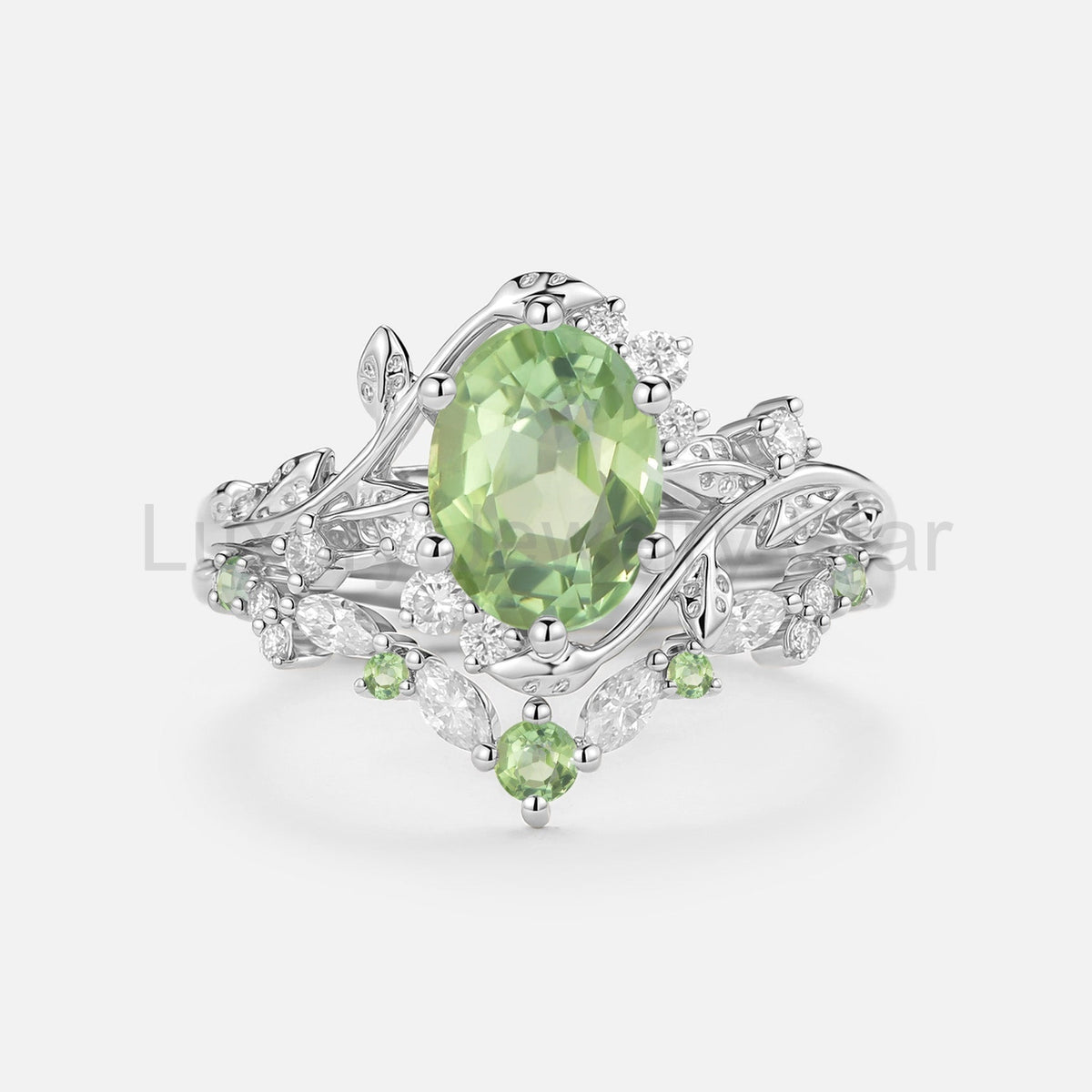 Oval Cut Green Tourmaline Leaf Engagement Ring Set 2pcs - Callista - image 3