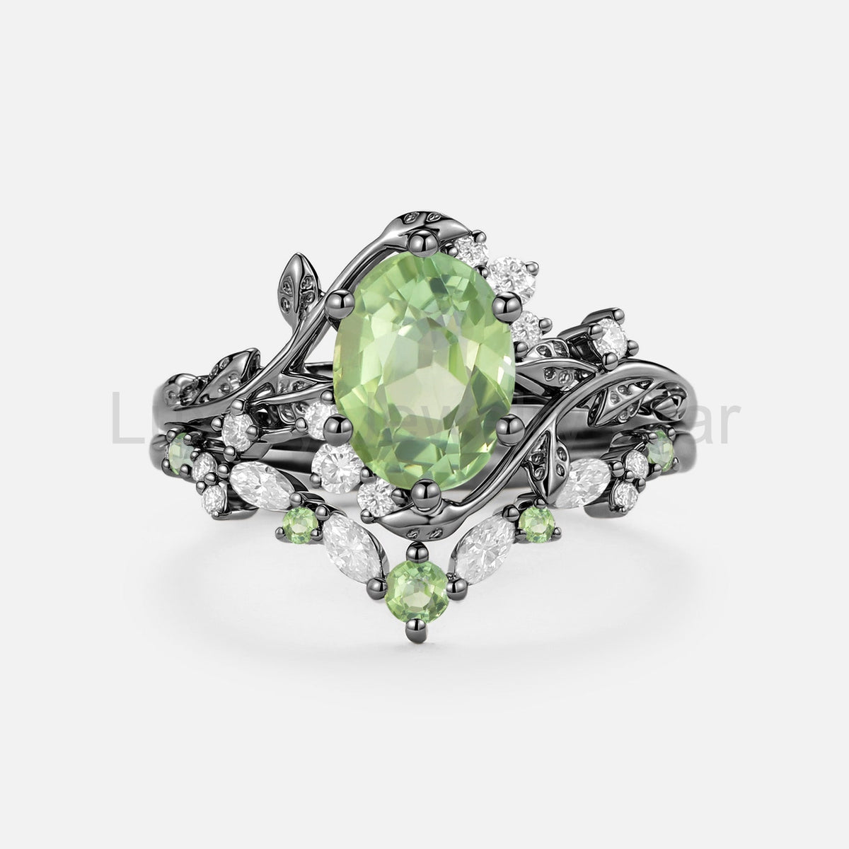 Oval Cut Green Tourmaline Leaf Engagement Ring Set 2pcs - Callista - image 4