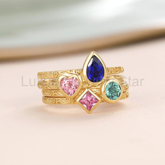 Pear Multi-Color Lab Grown Diamond Bezel Engraved Stack Engagement Ring Set 4pcs - Talise