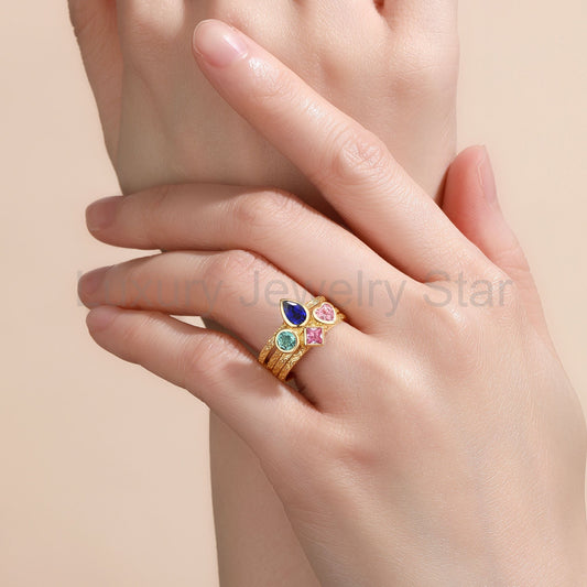 Pear Multi-Color Lab Grown Diamond Bezel Engraved Stack Engagement Ring Set 4pcs - Talise - image 2