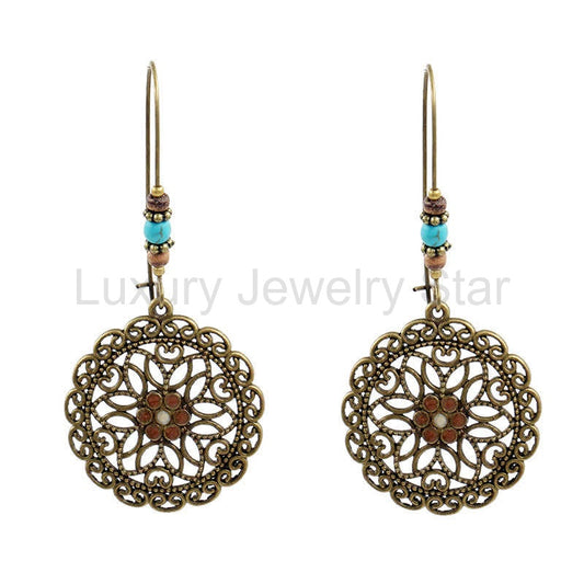 Buddha Stones Round Flower Design Luck Dangle Drop Earrings