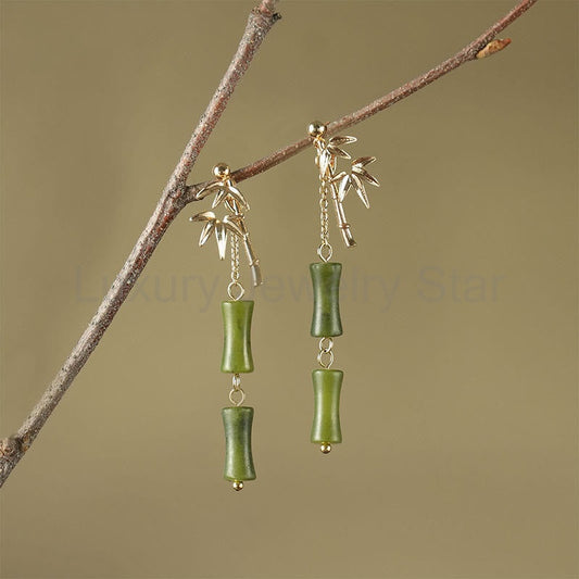 Fortune Jewel 925 Sterling Silver Posts Copper Plated Gold Natural Peridot Bamboo Leaf Drop Earrings