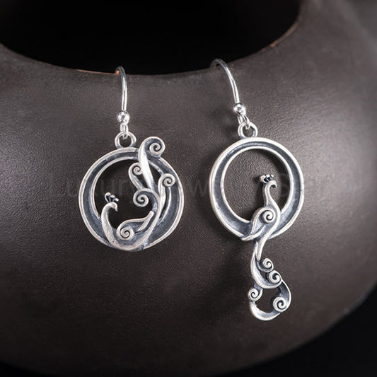 Fortune Jewel 925 Sterling Silver Round Asymmetry Peacock Fortune Earrings