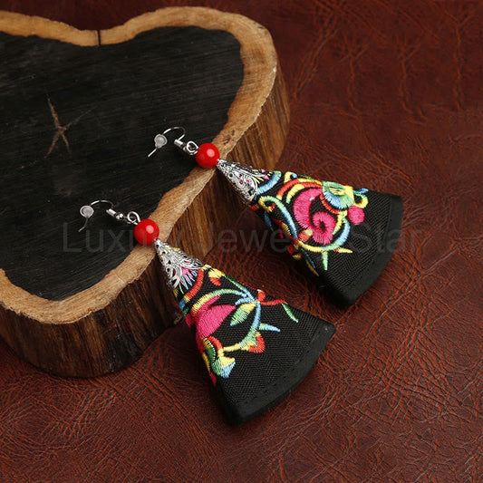 Fortune Jewel Handmade Fan-shaped Yi Embroidery Harmony Earrings