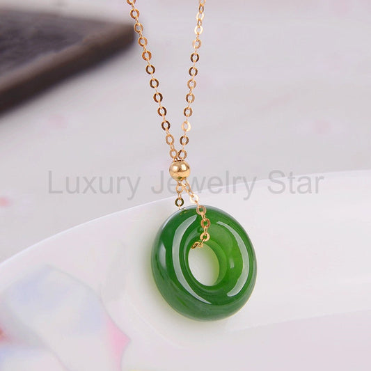 Round Cyan Jade Healing 14k Gold Plated Copper Necklace Pendant - image 2