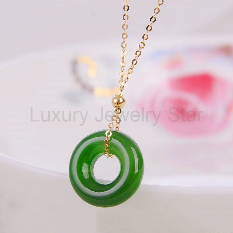Round Cyan Jade Healing 14k Gold Plated Copper Necklace Pendant - image 4