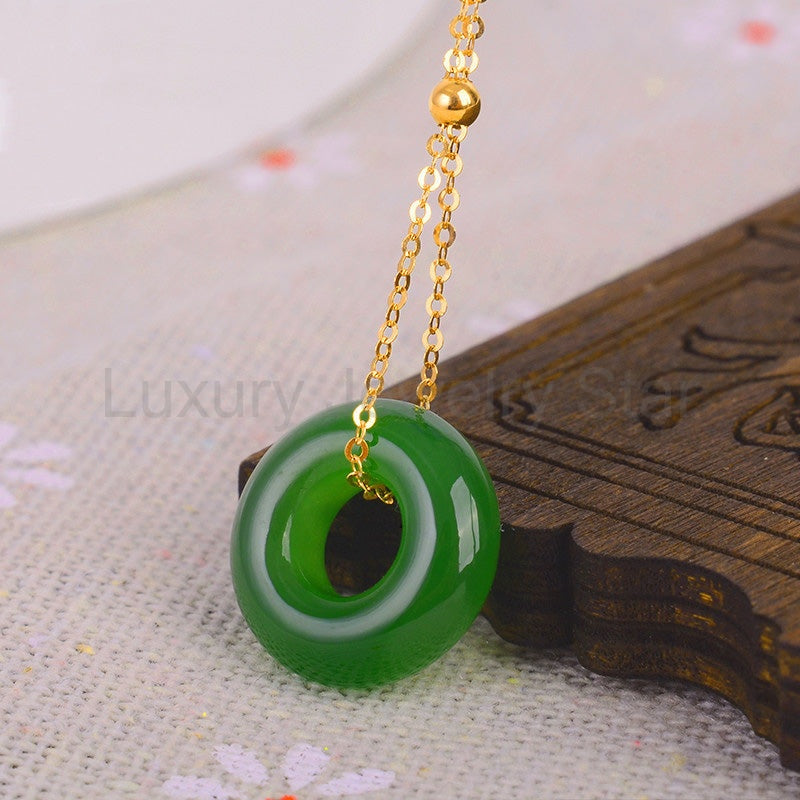 Round Cyan Jade Healing 14k Gold Plated Copper Necklace Pendant - image 5