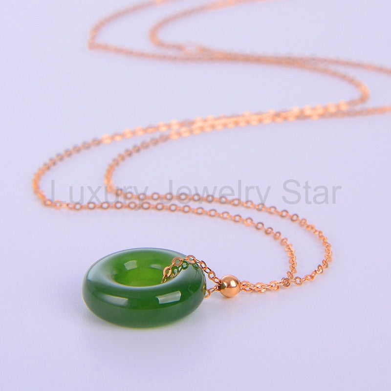 Round Cyan Jade Healing 14k Gold Plated Copper Necklace Pendant - image 9