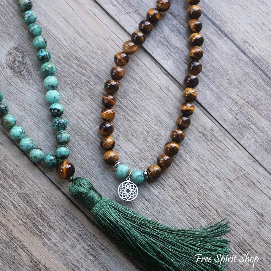 108 African Turquoise Bronzite & Tiger Eye Mala Bead Necklace - image 2