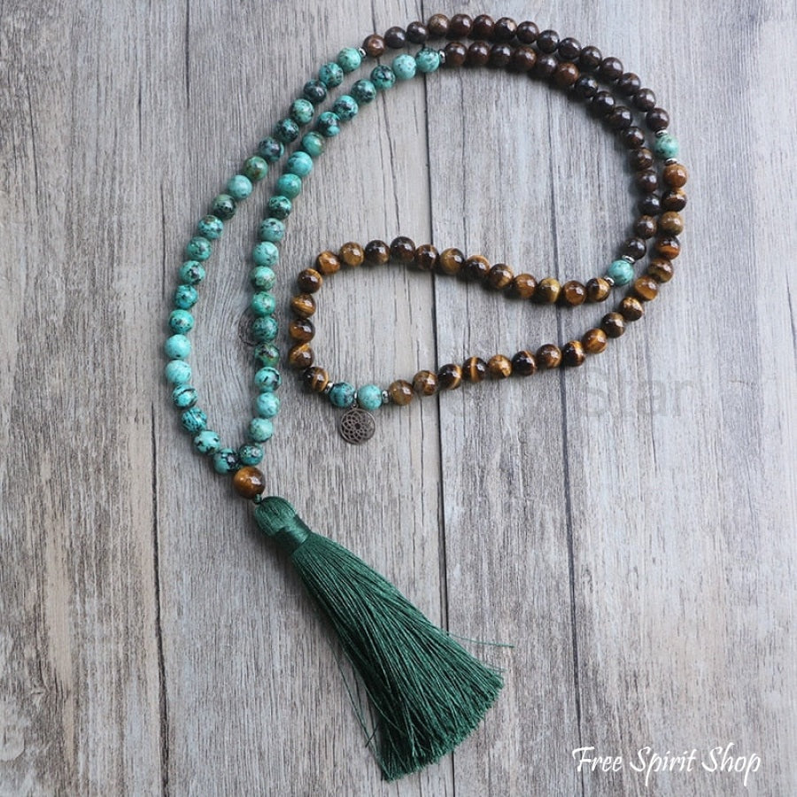108 African Turquoise Bronzite & Tiger Eye Mala Bead Necklace - image 4