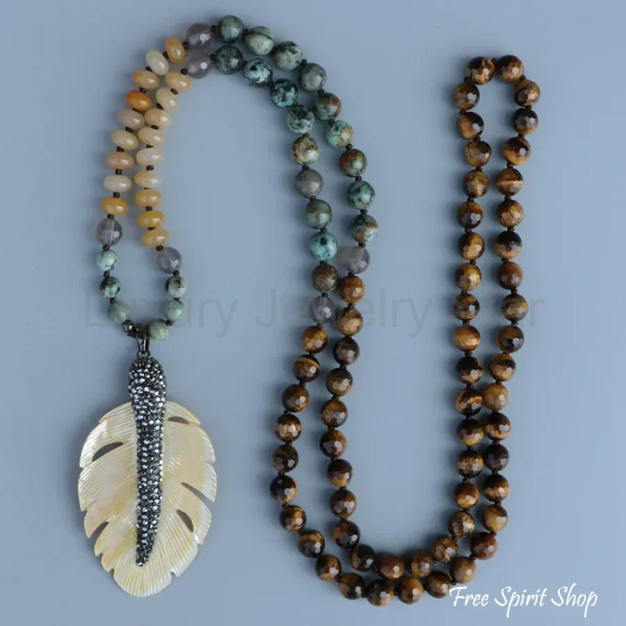 108 African Turquoise Tiger Eye Yellow Onyx & Seashell Leaf Pendant Necklace - image 2