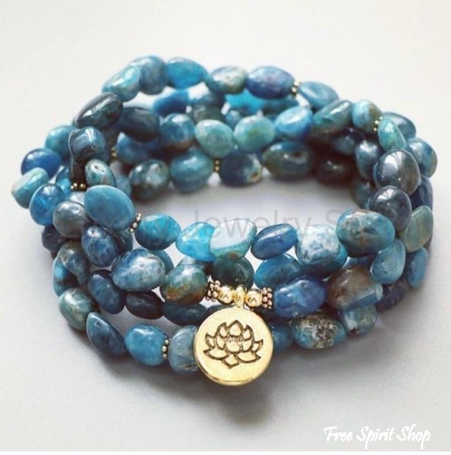 108 Natural Blue Apatite Mala Bead Bracelet