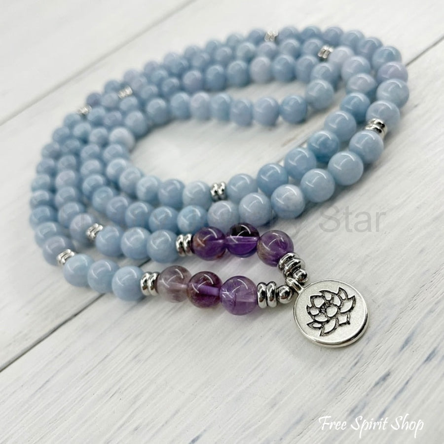 108 Natural Blue Calcite & Amethyst Mala Bead Bracelet - image 2