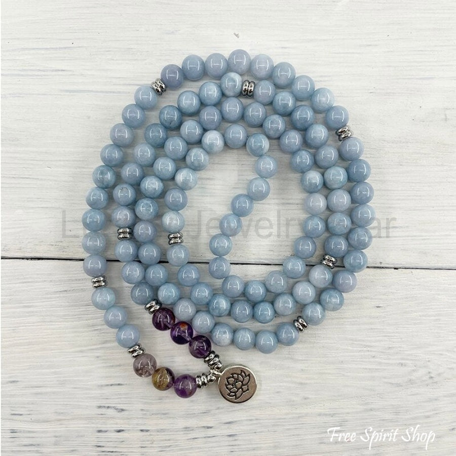 108 Natural Blue Calcite & Amethyst Mala Bead Bracelet - image 3