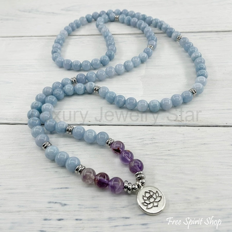 108 Natural Blue Calcite & Amethyst Mala Bead Bracelet - image 4