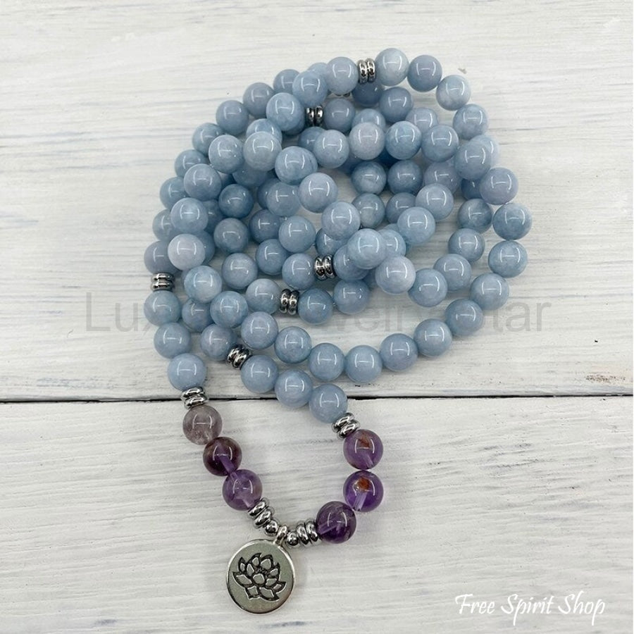 108 Natural Blue Calcite & Amethyst Mala Bead Bracelet - image 5