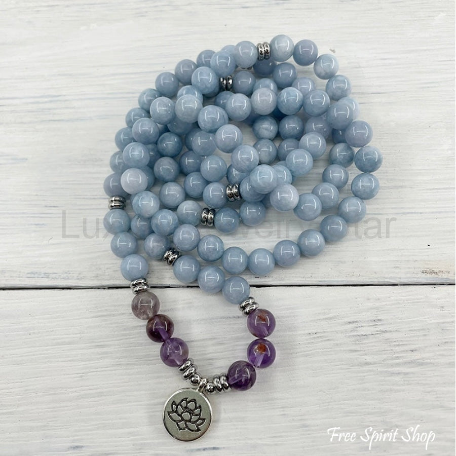 108 Natural Blue Calcite & Amethyst Mala Bead Bracelet - image 7