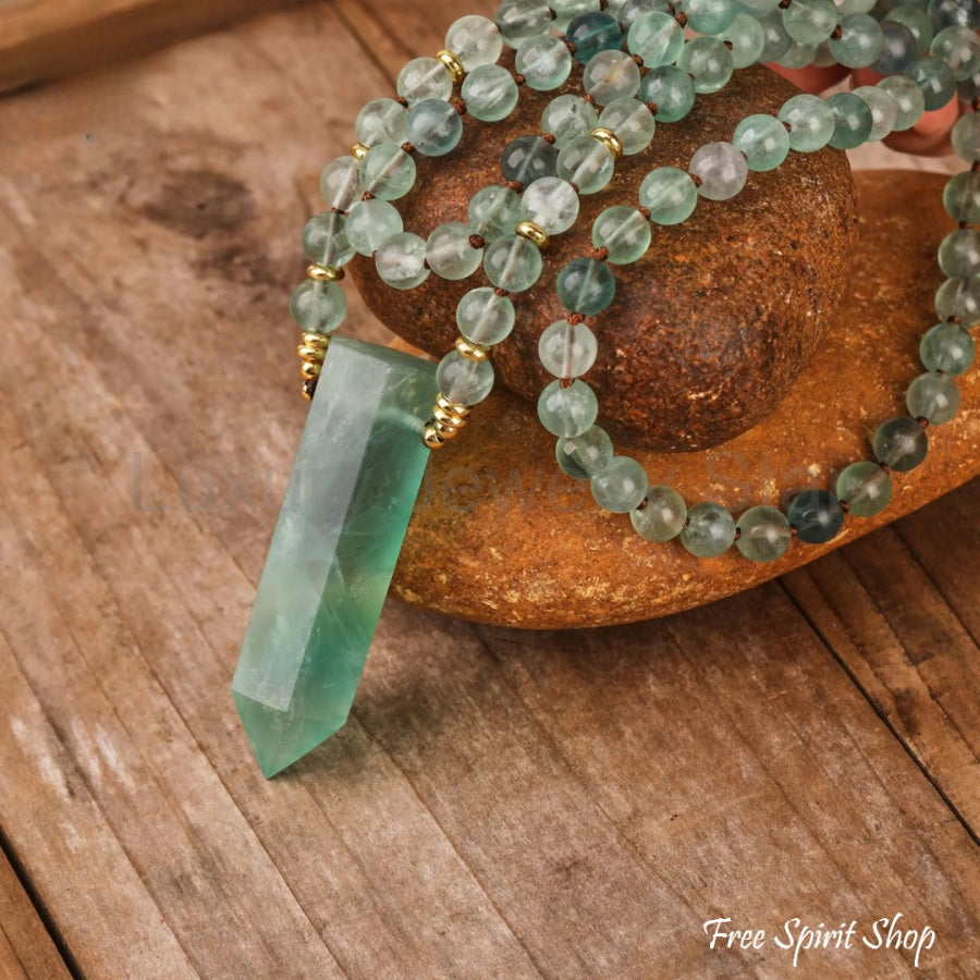 108 Natural Green Fluorite Wandpoint Beaded Necklace - image 2