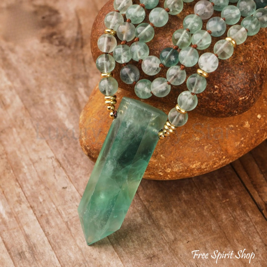 108 Natural Green Fluorite Wandpoint Beaded Necklace - image 3