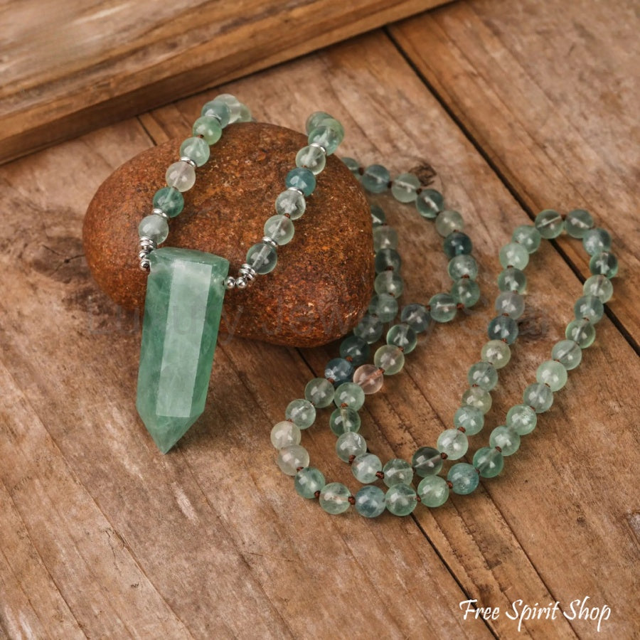 108 Natural Green Fluorite Wandpoint Beaded Necklace - image 4