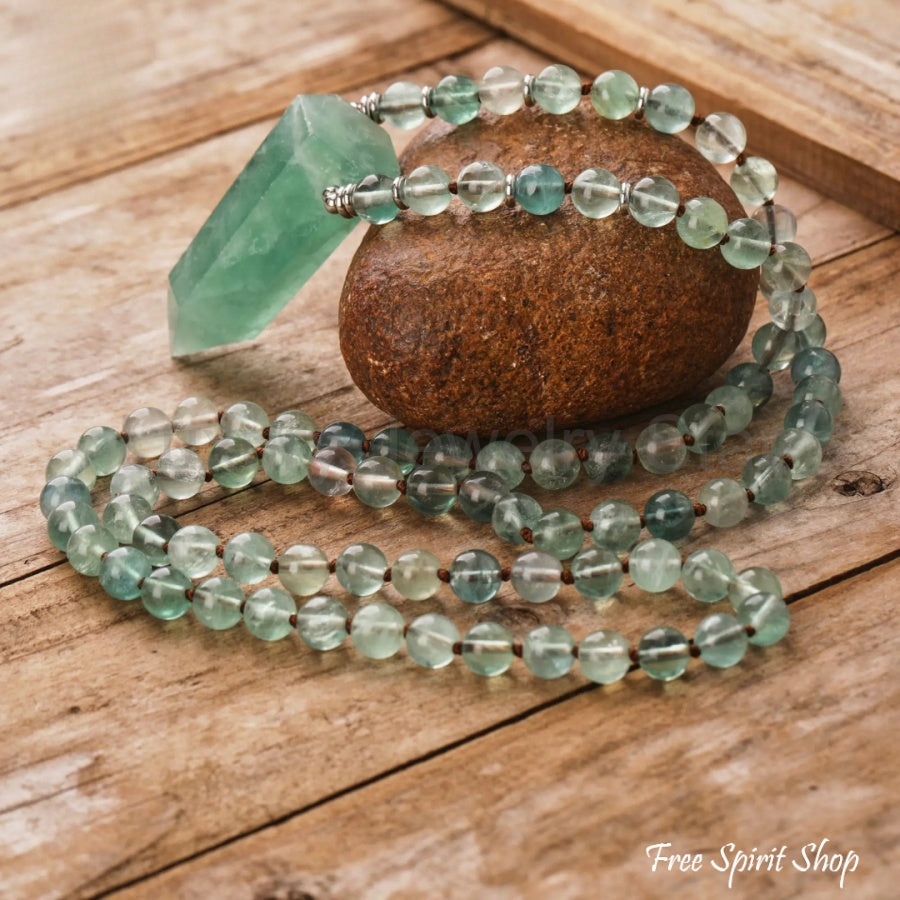 108 Natural Green Fluorite Wandpoint Beaded Necklace - image 7