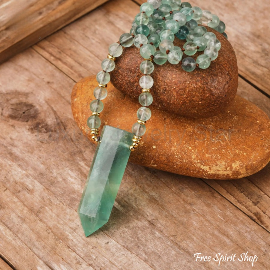 108 Natural Green Fluorite Wandpoint Beaded Necklace - image 9