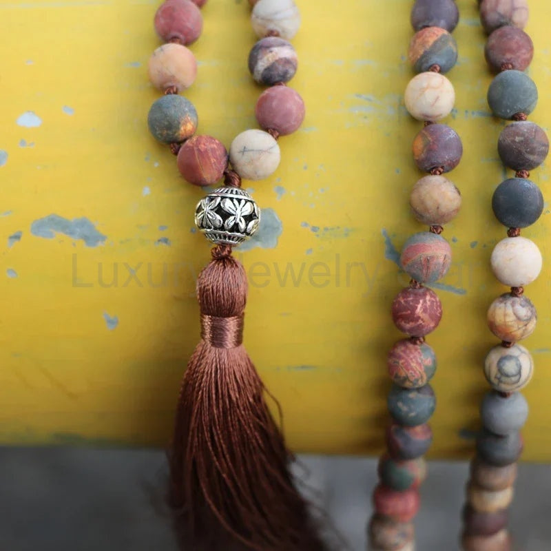 108 Natural Matte Red Jasper Stone Bead Mala Necklace - image 4