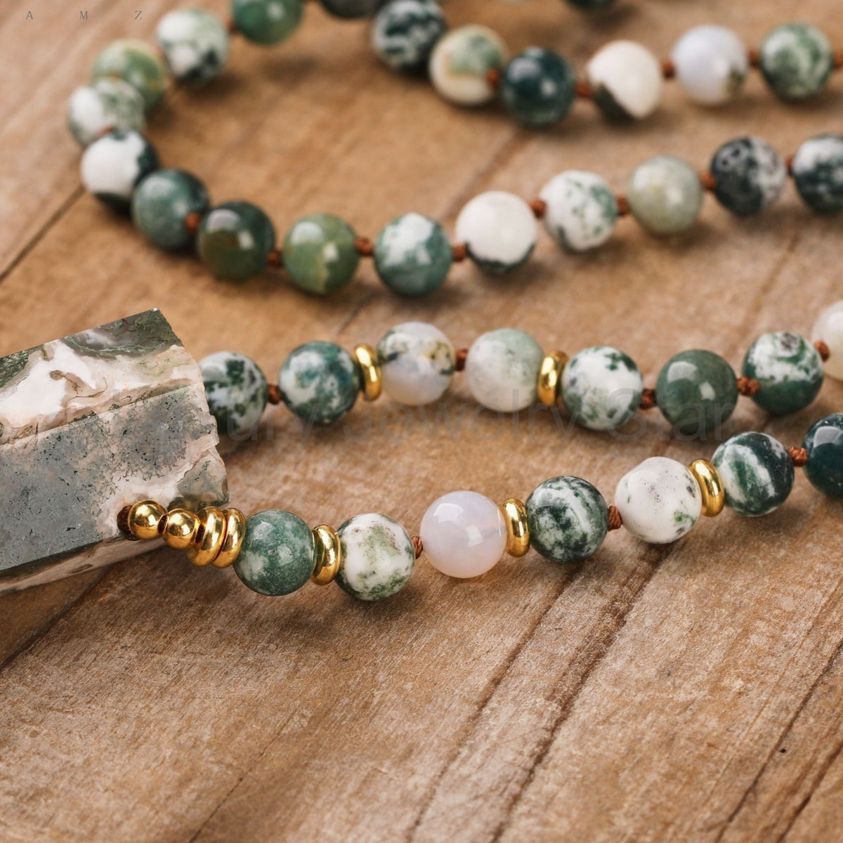 108 Natural Moss Agate Stone Mala Bead Necklace - image 3