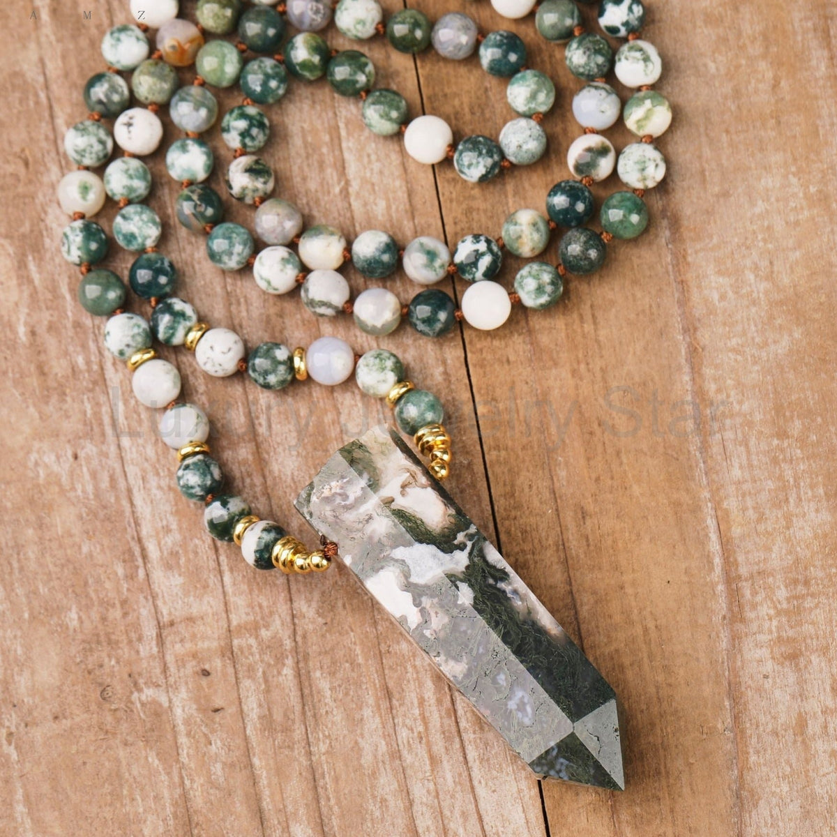 108 Natural Moss Agate Stone Mala Bead Necklace - image 4