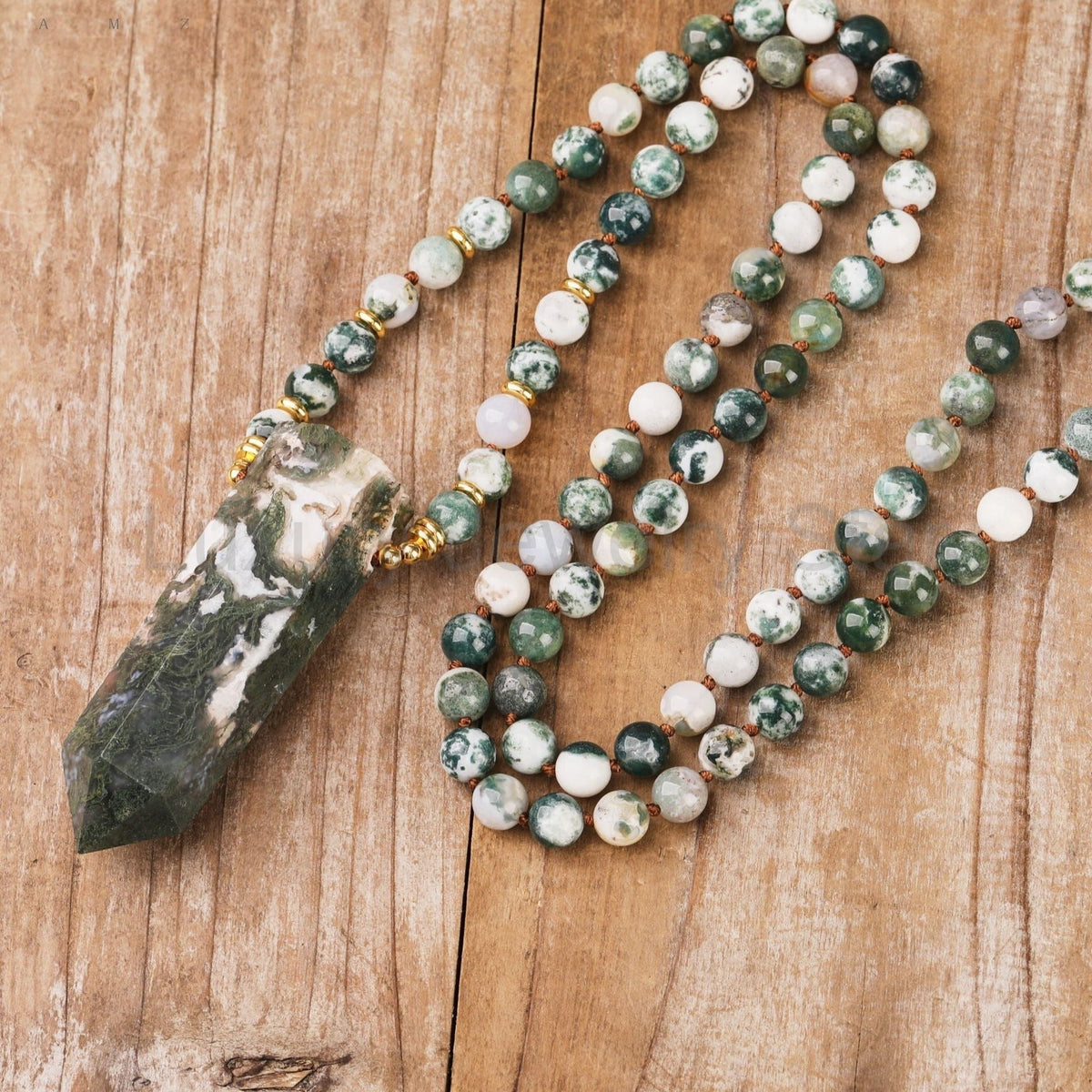 108 Natural Moss Agate Stone Mala Bead Necklace - image 5