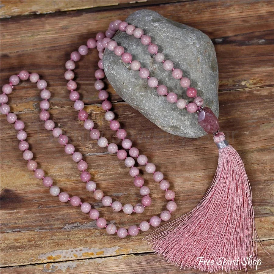 108 Natural Pink Rhodonite & Garnet Mala Bead Necklace - image 2