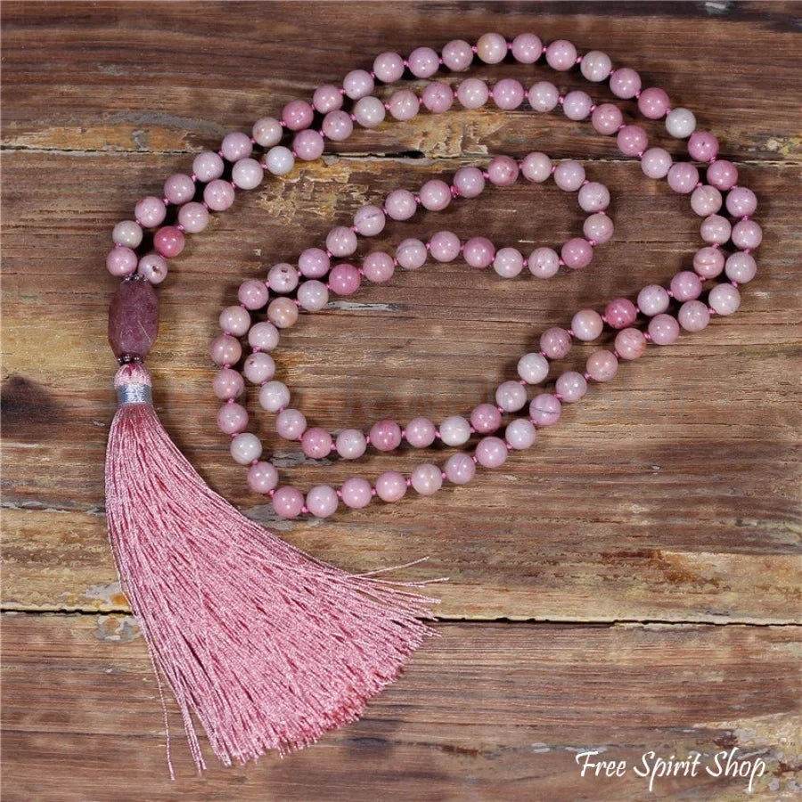 108 Natural Pink Rhodonite & Garnet Mala Bead Necklace - image 3