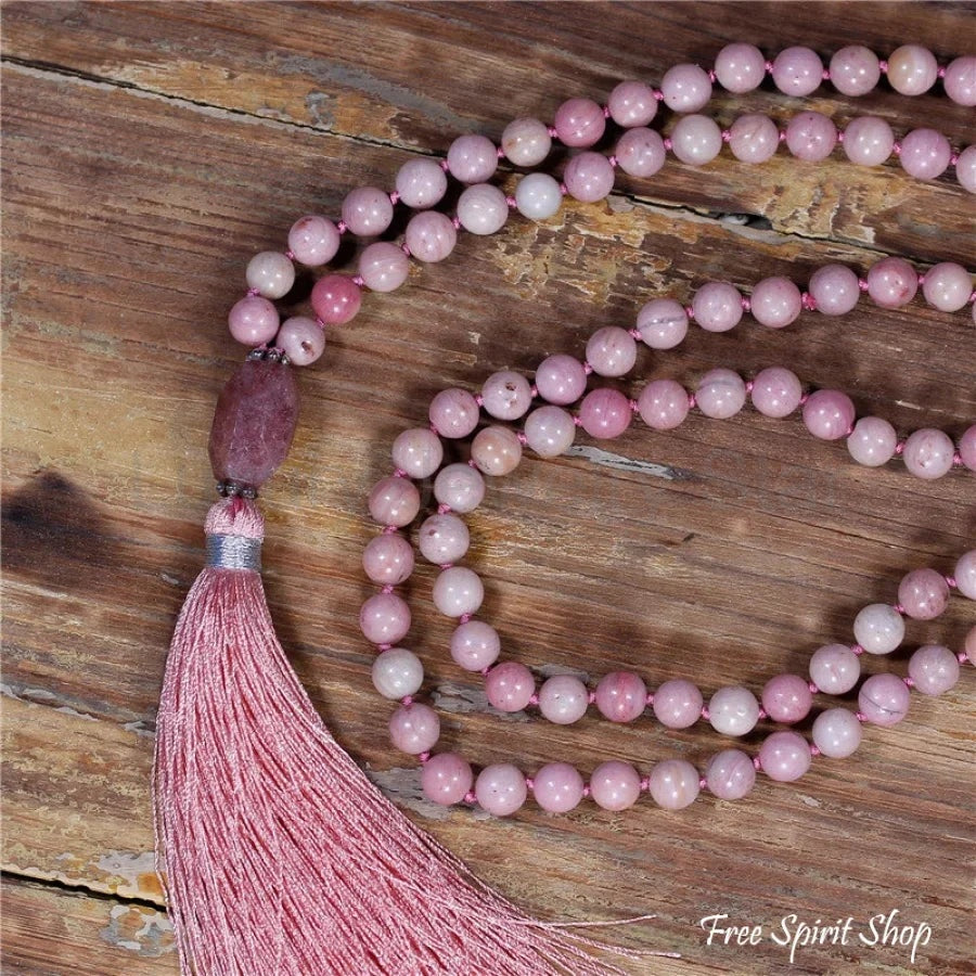 108 Natural Pink Rhodonite & Garnet Mala Bead Necklace - image 4