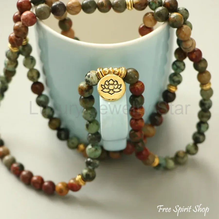 108 Natural Red Jasper & African Turquoise Mala Bracelet - image 3