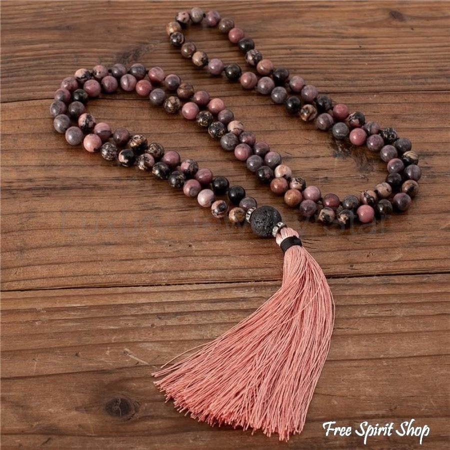 108 Natural Rhodonite & Black Lava Stone Mala Bead Necklace - image 2