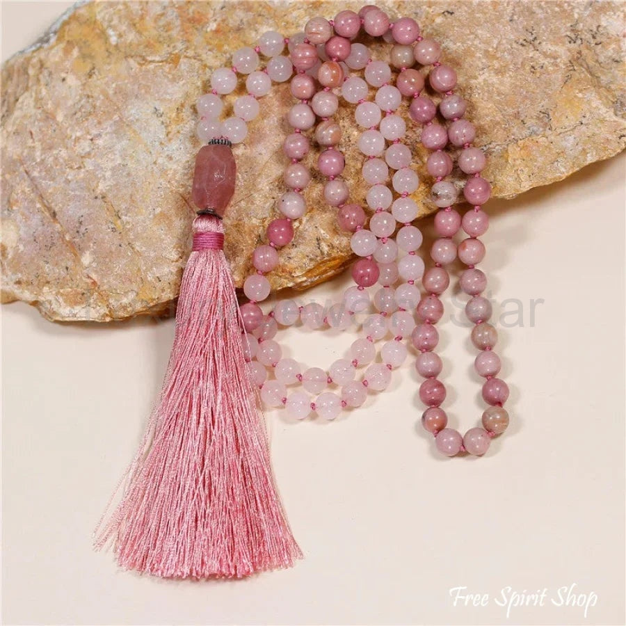 108 Natural Rhodonite & Rose Quartz Mala Bead Necklace - image 3
