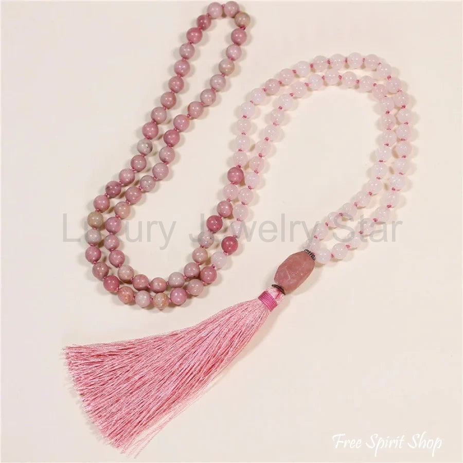 108 Natural Rhodonite & Rose Quartz Mala Bead Necklace - image 4