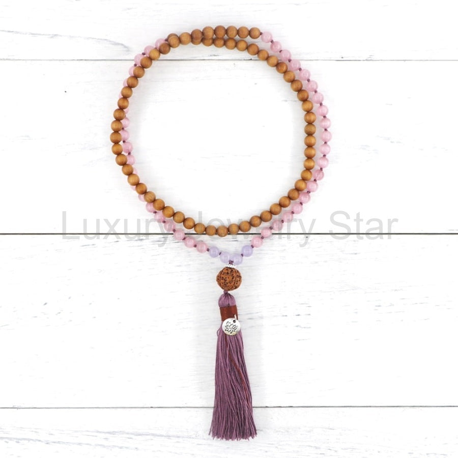 108 Sandalwood & Pink Opal Mala Bead Necklace With Rudraksha Guru Bead - image 2