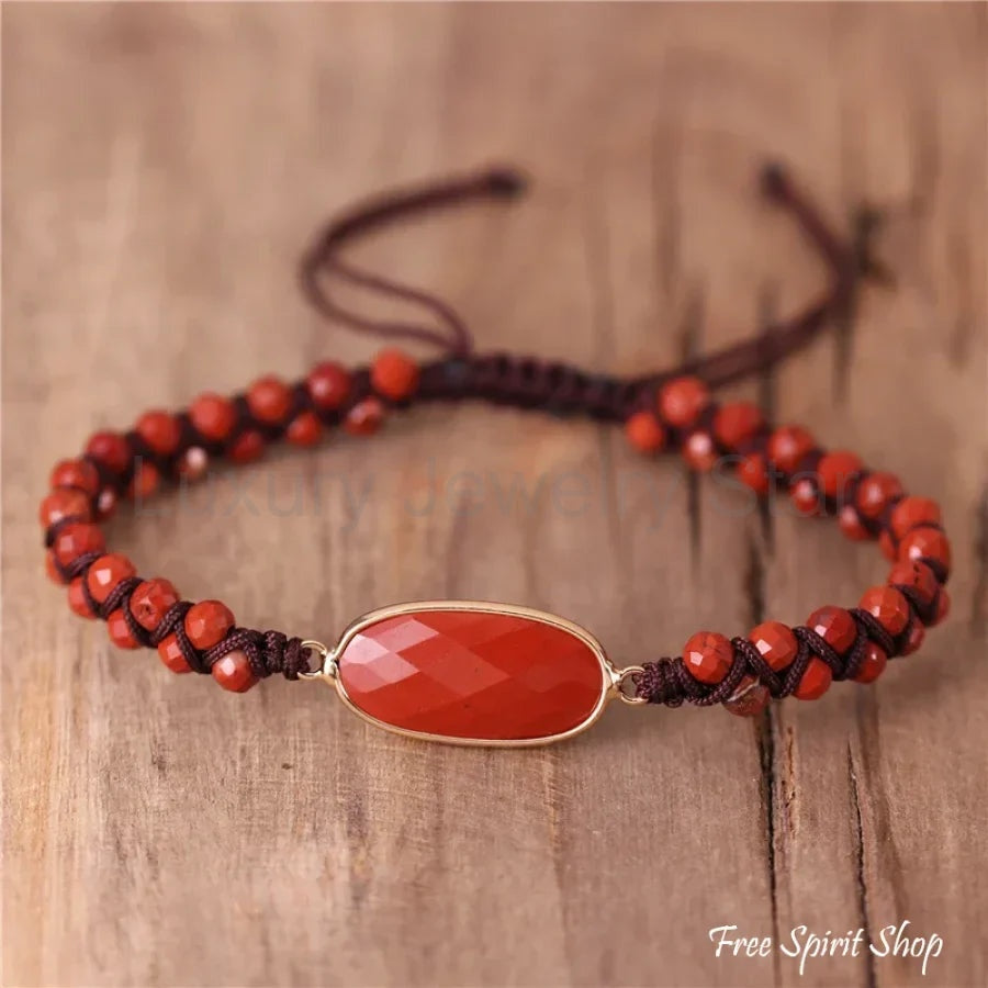 Natural Red Jasper Stone Bead Adjustable Bracelet