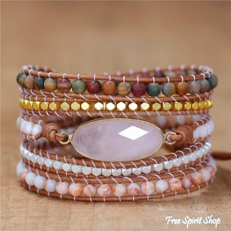 Natural Rose Quartz & Red Jasper Bead Wrap Bracelet