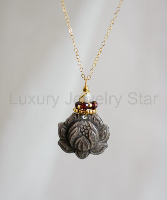 Lotus Necklace: Silver Obsidian