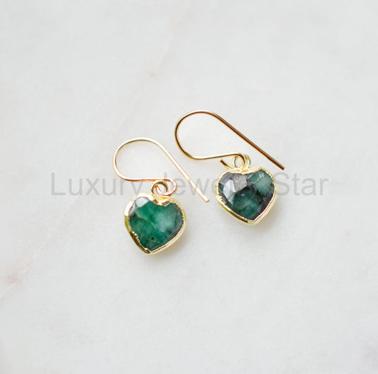 Raw Emerald Heart Earrings