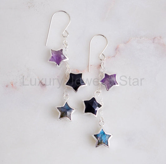 Star Gazer Earrings: Amethyst, Onyx, Labradorite