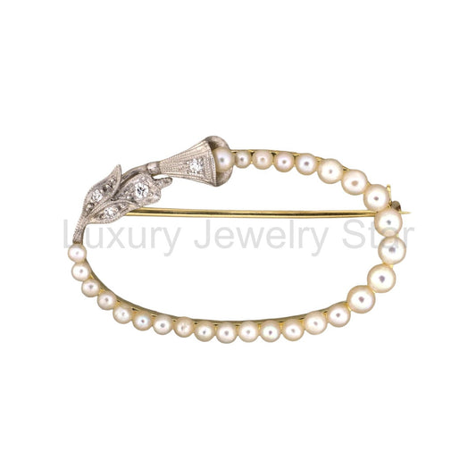Art Nouveau-Edwardian Pearl & Diamond Floral Oval Pin