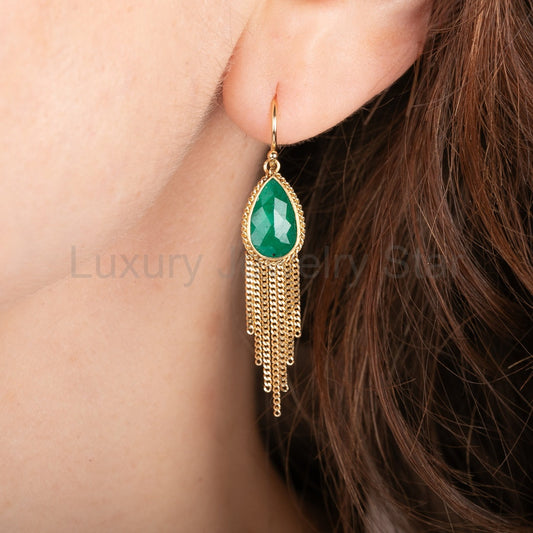 Emerald Teardrop Tassel Earrings - image 2
