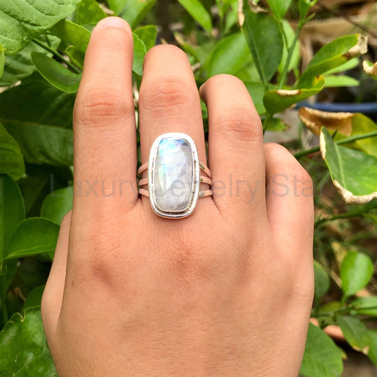 Rainbow Moonstone Ring, 925 Sterling Silver Handmade Women's Ring, Natural Gemstone Silver Ring