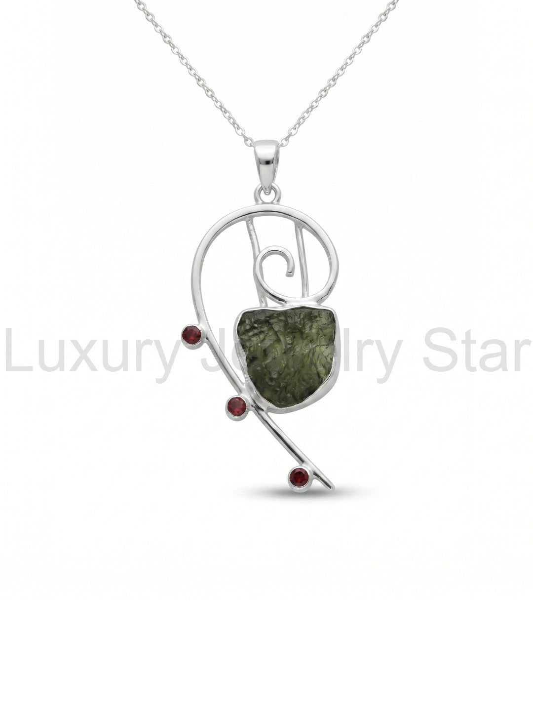 Raw Moldavite Pendant, 925 Sterling Silver, Handmade Silver Jewelry, Garnet Pendant, Moldavite From