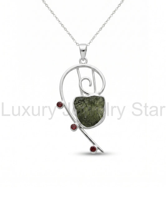 Raw Moldavite Pendant, 925 Sterling Silver, Handmade Silver Jewelry, Garnet Pendant, Moldavite From