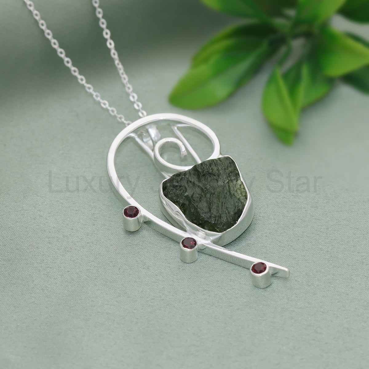 Raw Moldavite Pendant, 925 Sterling Silver, Handmade Silver Jewelry, Garnet Pendant - image 2