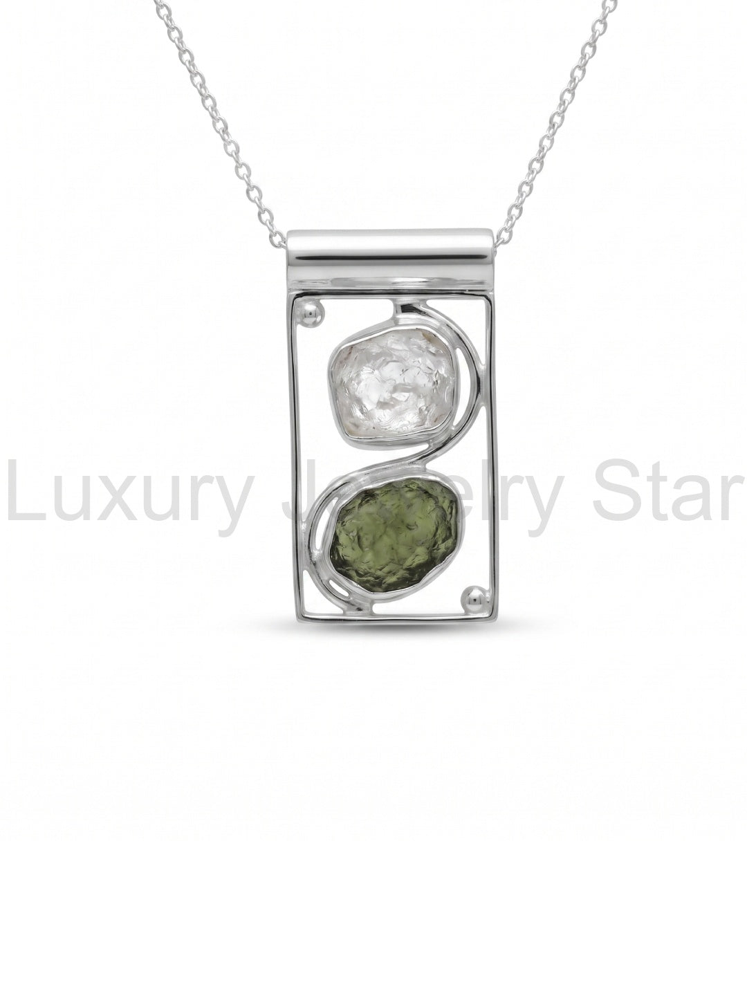 Raw Moldavite Pendant, 925 Sterling Silver, Herkimer Diamond Jewelry, Natural Gemstone Jewelry